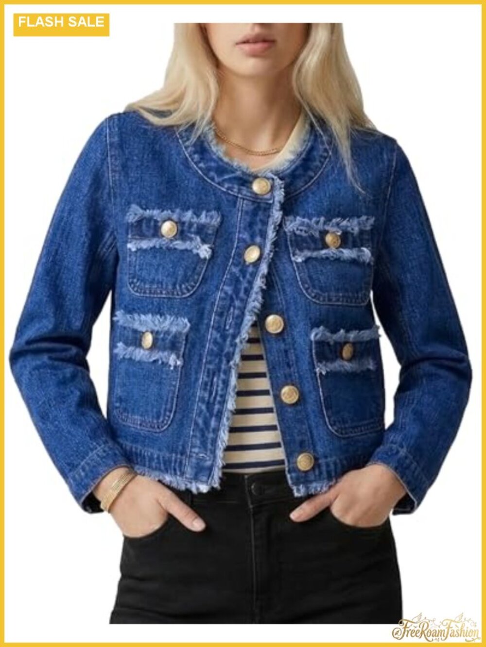 Frayed Collarless Cropped Jean Jacket Denim Button Front Blue